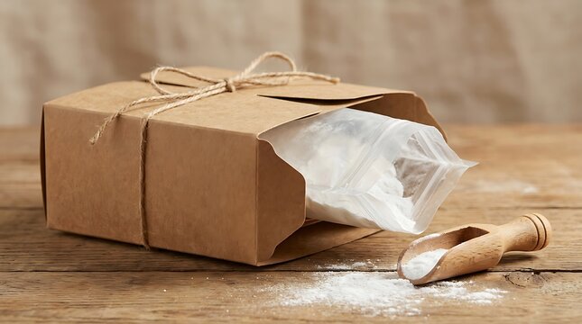 Open paper bag of white flour with a wooden scoop on a rustic wooden table for baking preparation. baking soda packaging