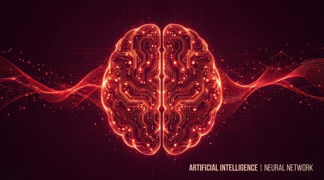 Clean, symmetrical front view of a glowing electronic circuit brain with smooth lateral wave pulses, perfect for artificial intelligence technology banners.