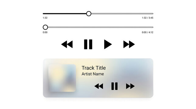 Minimalist music player interface elements with playback controls and progress bars in flat design
