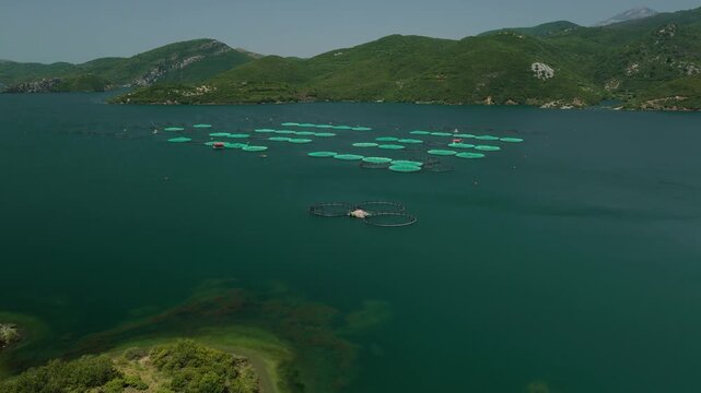 Aerial View of Floating Fish Farm on Mountain Lake in Albania