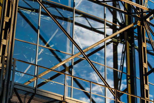 View of modern steel framework and glass facade reflecting the sky in Ostrava, Moravian-Silesian Reg, Czechia.