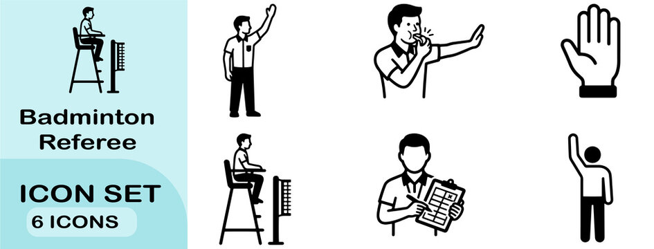Badminton referee icon set in black outline style for sports match officiating design.