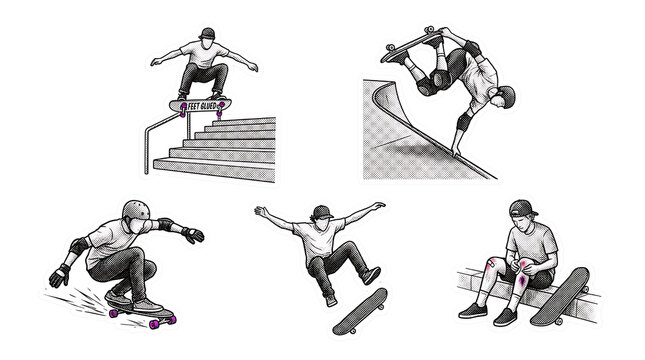Set of hand drawn skateboarder illustrations performing various