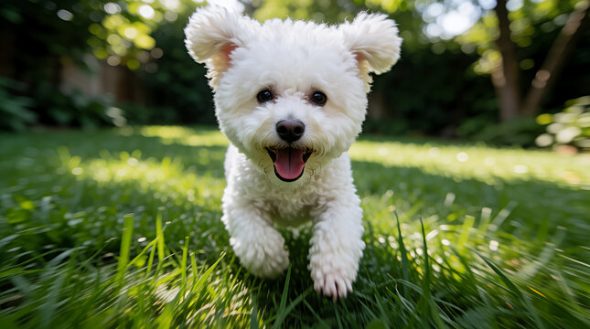 Happy fluffy puppy running on green grass in the garden
