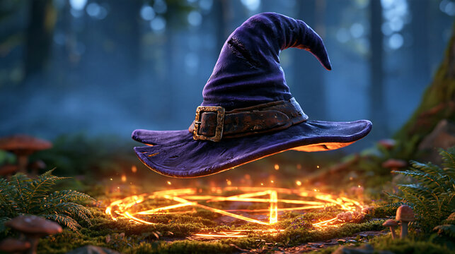 Worn violet witch hat with a tarnished buckle levitating above a mossy clearing in a foggy woodland, luminous orange magic circle glowing on the forest floor and casting warm light
