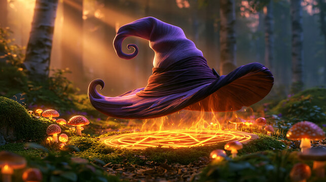 Lavender and plum witch hat with a curled brim hovering over a moss-covered forest floor dotted with glowing toadstools, a warm orange magic circle shining beneath it like a portal