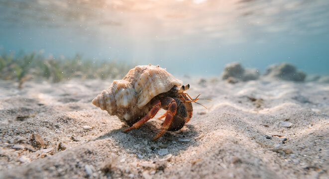 Hermit crab on the sand with a shell, the setting is the sea and the background is the sand, the image is a bit gloomy, but the crab is happy, the