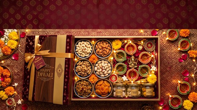 Open Diwali gift hamper box with assorted sweets, dry fruits and nuts