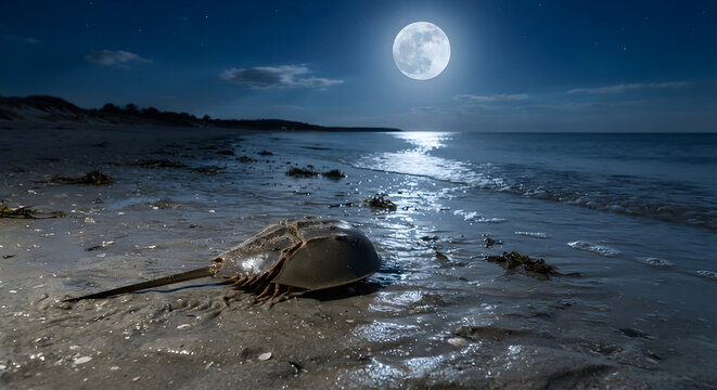 Horseshoe crab on the beach at night with a full moon, a horseshoe crab is on the beach at night, with the moon rising behind it, the moon is full