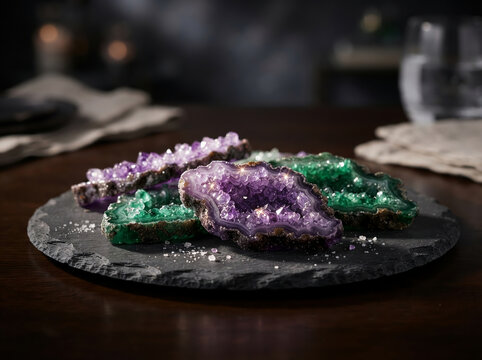 Purple and green crystal geodes served on a slate stone platter