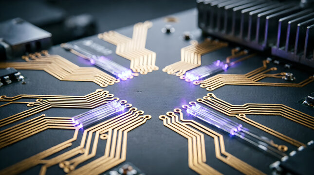 Macro processor board with gold paths and purple sparks at dark for chip design article header
