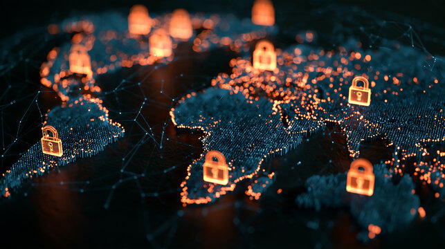 Glowing world map shows digital locks. Orange locks mark global data security. Cities shine with secure data connections. Dark background emphasizes protection themes. Ideal for cyber, privacy