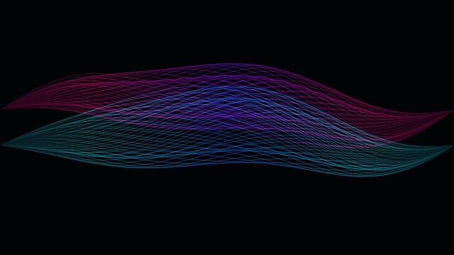 Seamless loop of a complex, futuristic 3D mesh ribbon made of glowing magenta and cyan lines undulating against a pure solid dark background. No particles. Perfect for clean technology, AI, and abstra