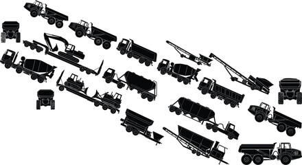 Heavy Construction Transport Machinery Collection with Dump Trucks Conveyor Systems and Industrial Equipment Silhouettes © SUJOY