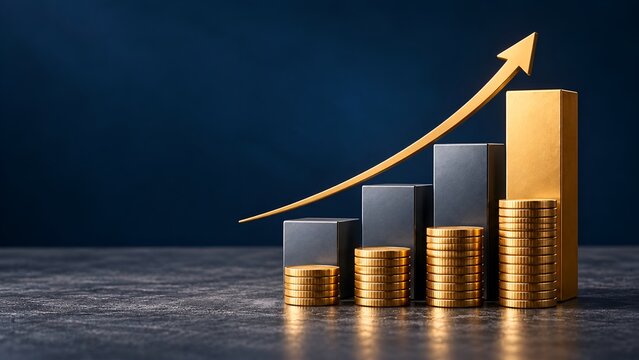 Rising Gold Coin Stacks and Financial Growth Bar Chart
