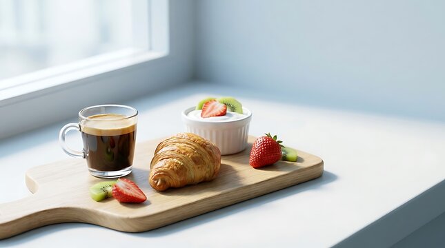 Fresh croissant with coffee and bowl of yogurt with strawberries and kiwi fruit on a wooden board table. espresso food combo
