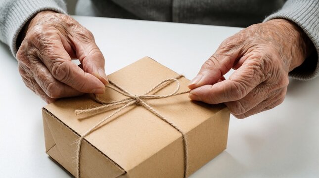 Elderly person hands tie twine string around small cardboard box. Senior hands prepare eco friendly package for shipping gift. Close up of aged skin working with craft twine on brown paper parcel on