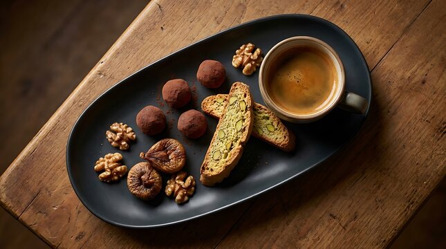 A cup of coffee served with sweet chocolate truffles and crunchy biscotti cookies on a black plate. espresso food combo