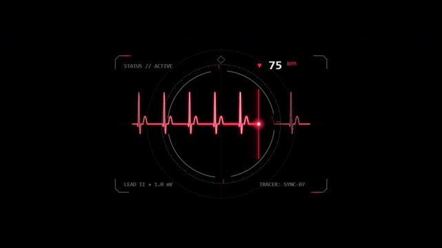 Red cardiograph recording displaying digital heartbeat monitoring