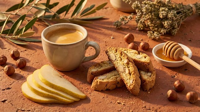A warm cup of herbal tea with sliced pear and honey dipper on a rustic wooden table in a cozy kitchen. espresso food combo