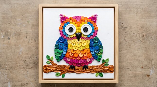 Colorful owl mosaic artwork, a decorative button craft project in a wooden frame, DIY handmade home decor and creative art supplies