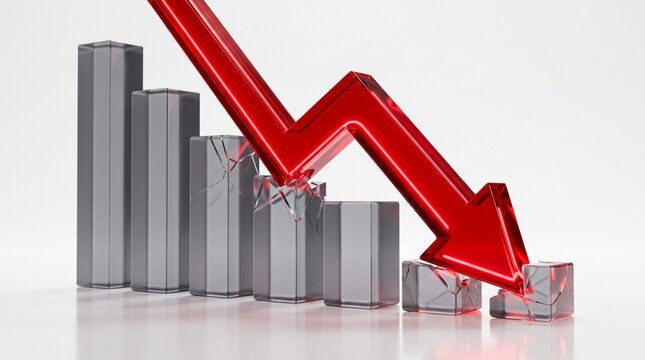 A red downward pointing arrow showing a sharp decline in a silver bar chart business graph