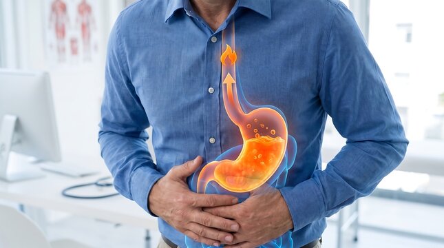 Man Holding Stomach with Fire Graphic, Acid Reflux and Heartburn Concept, Digestive System Pain, Medical Illustration, Health Care, Gastritis Symptoms