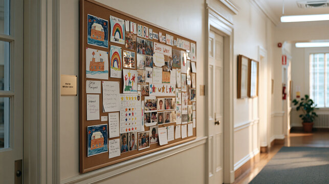 Wide view of a Sunday school hallway bulletin board densely covered with children's drawings of Noah's ark, prayer request notes, scripture memory star charts, class photos, and