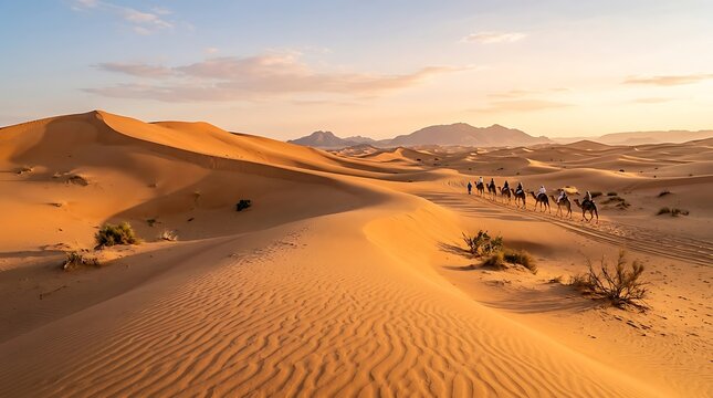 Golden sand dunes meeting distant desert mountains at sunrise.