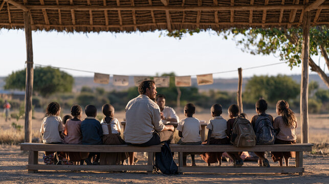 A Kenyan Sunday school class gathers under an open sided thatch canopy outdoors, children seated on wooden benches while a young male teacher illustrates a Bible story using