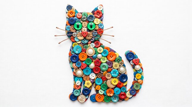Creative craft project featuring a cat silhouette made of colorful buttons, handmade DIY art object on white background, artistic hobby and decoration