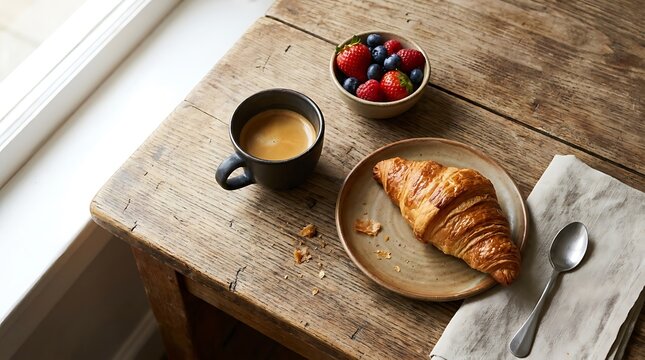 Fresh croissant with a cup of coffee and a bowl of berries on a rustic wooden table for morning breakfast. espresso food combo