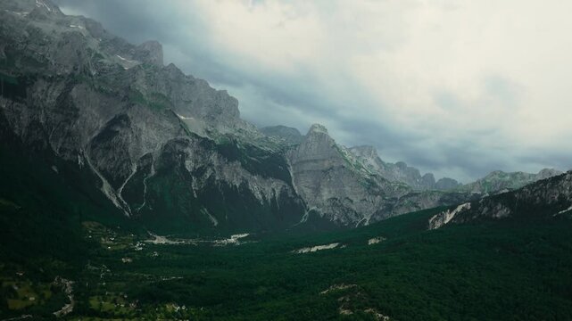 Aerial Pull Away Over Theth Mountain Valley Albania
