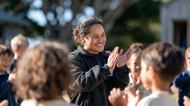 Young Maori Sunday school teacher leads children in a call and response scripture memory game outdoors on church grounds, children standing in a loose circle clapping