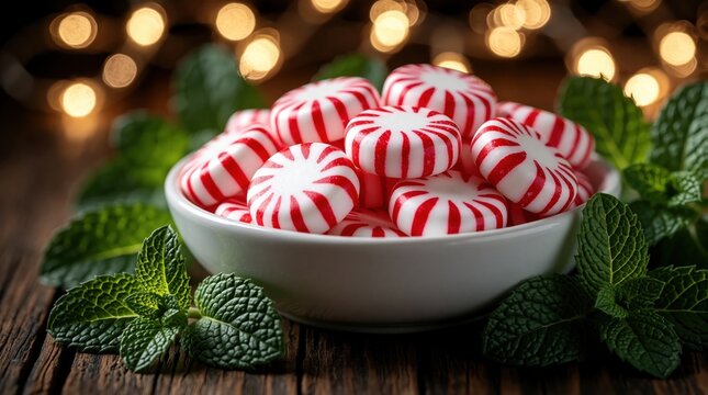 Red, white peppermint candies in white bowl on wooden table. Fresh mint leaves surround sweet candy treats. Blurred festive bokeh lights background creates holiday mood. Seasonal peppermint candy