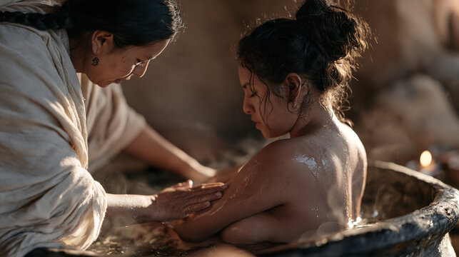 A Peruvian midwife preparing a postpartum herbal bath for a young mother in a rural adobe-walled room, postnatal recovery ritual, traditional birthing care, maternal wellness,