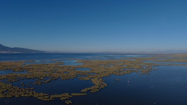 Aerial view of Gediz Delta in Izmir city, a major protected coastal wetland covering about 40, 000 hectares at the confluence of the Gediz River and the Gulf of İzmir, T&uuml;rkiye