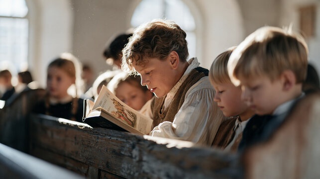 Weathered wooden pews inside a sunlit rural chapel as a Norwegian grandmother opens a large illustrated Bible with a group of attentive grandchildren seated beside her, dust motes