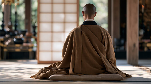 Meditation room in a Zen monastery with a Japanese monk seated perfectly still in zazen before a plain altar, early morning pale light entering through a sliding shoji screen, the