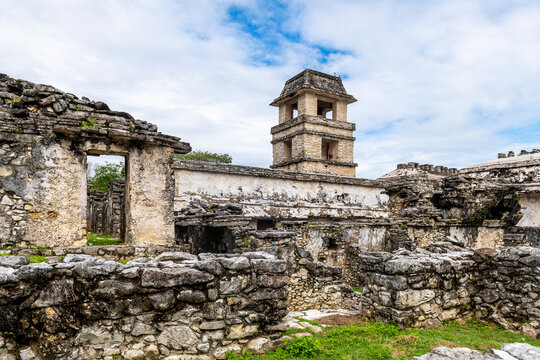 The palace of Palenque with its famous tower, Chiapas, Mexico.