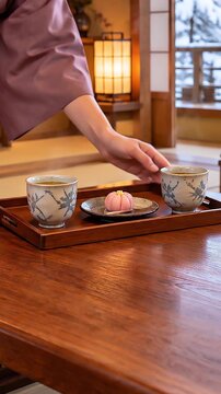 雪景色の見える旅館の客室でお茶と和菓子を配膳する縦型動画