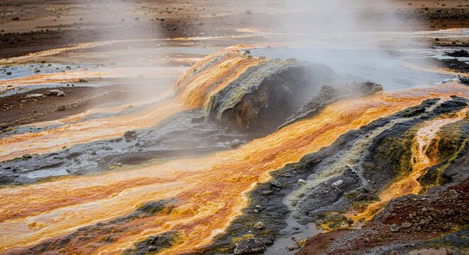 A geothermal vent releases steam and heat from the Earths interior, showing a natural energy source. Concept of geothermal energy as a natural resource.