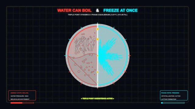 Triple point dynamics scientific hud: water boiling and freezing phase equilibrium visualization