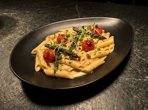 Delicious penne pasta with creamy sauce fresh cherry tomatoes and green asparagus on a black plate. penne pasta ideas