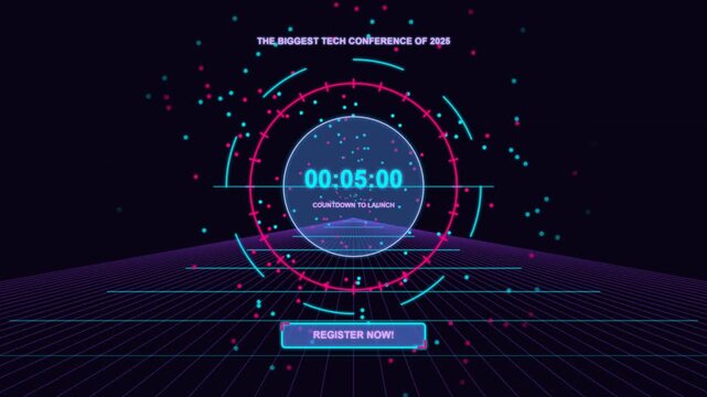 Futuristic tech conference countdown timer with register now call to action button