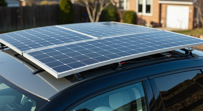 Solar panels are integrated into the roof of a modern car to generate auxiliary electric power. Concept of solar-powered and sustainable automotive technology.