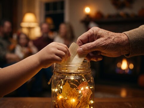 Child and grandparent placing paper note in glass Thanksgiving gratitude jar