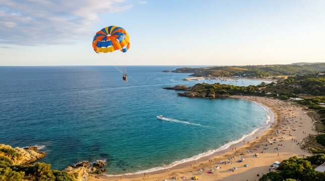 Person Parasailing Over A Coastal Ocean Bay With A Sandy Beach And Trees In The Background Under A Clear Blue Sky