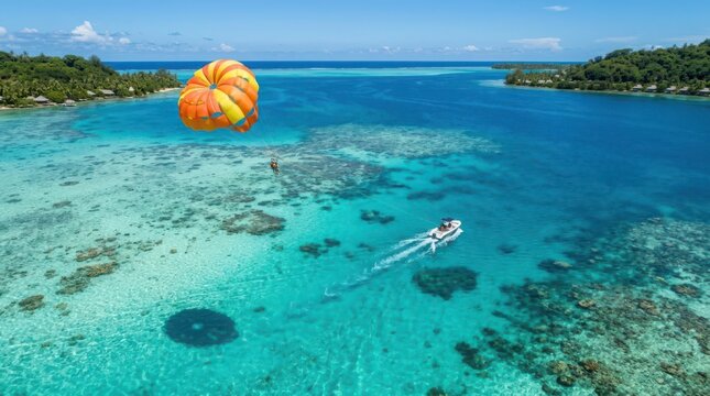 Person parasailing over crystal clear tropical ocean waters with a speedboat nearby