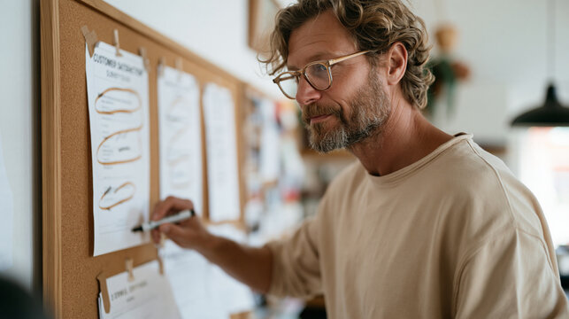Thin bearded man carefully reading customer satisfaction survey printouts pinned to a corkboard in a small business back office, circling recurring complaint patterns with a